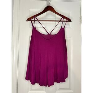 Womens Large Magenta Strappy Back Tank Top Flowy Swing Cami Rayon Stretch